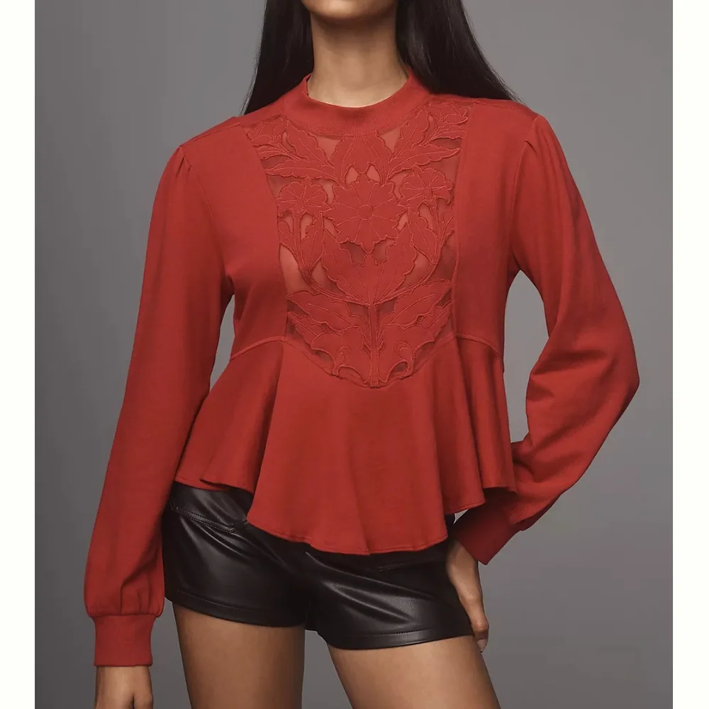 Elegant Red Lace Detail Women's Top